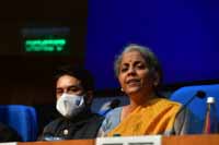 Union Minister for Finance and Corporate Affairs, Nirmala Sitharaman addressing a Post Budget 2021 Press Conference, in New Delhi, India on 1st February 2021. The Minister of State for Finance and Corporate Affairs, Shri Anurag Singh Thakur in the picture Union Minister for Finance and Corporate Affairs, Nirmala Sitharaman addressing a Post Budget 2021 Press Conference, in New Delhi, India on 1st February 2021. The Minister of State for Finance and Corporate Affairs, Shri Anurag Singh Thakur in the picture